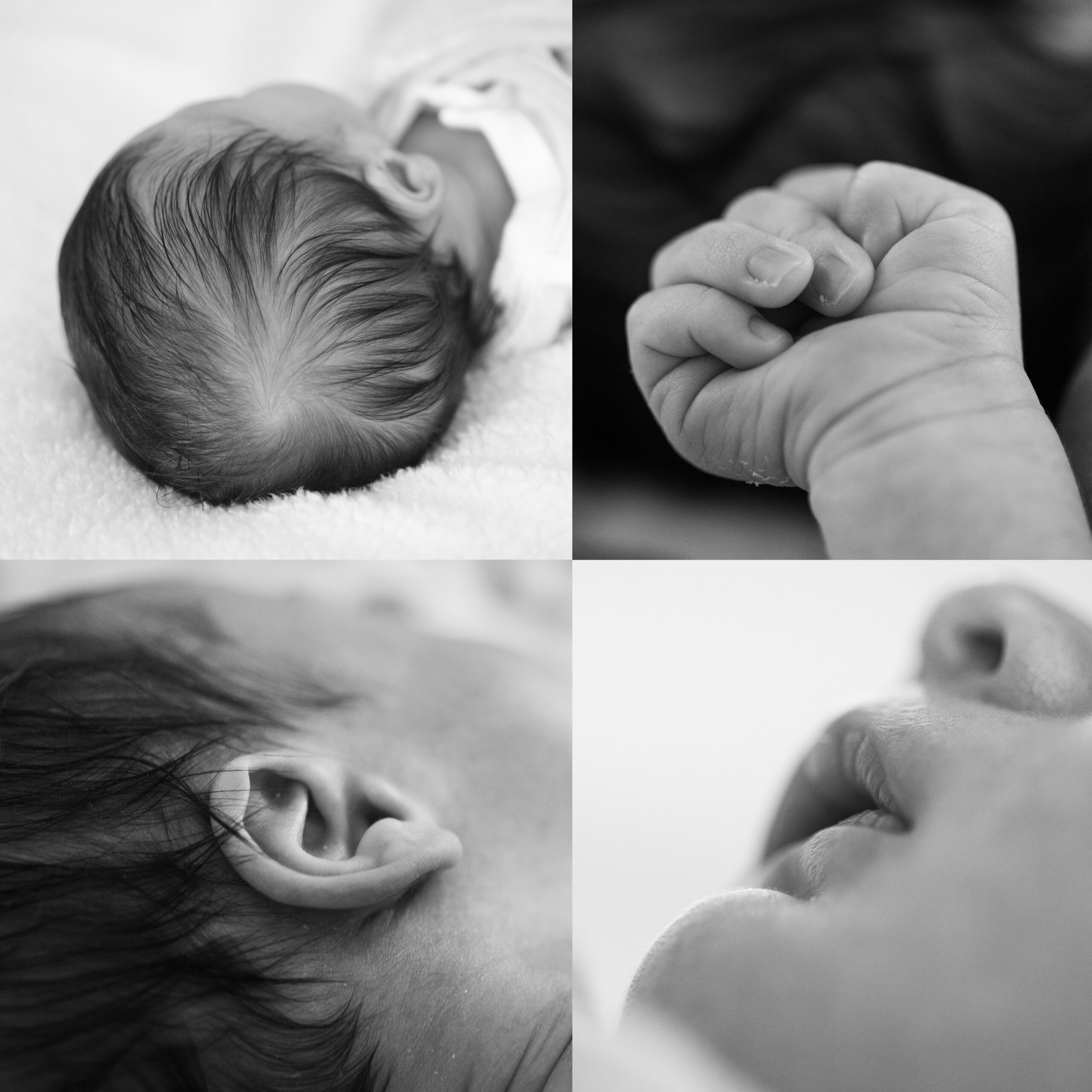 Newborn photoshoot details and closeups of baby's hair fingers ear and lips